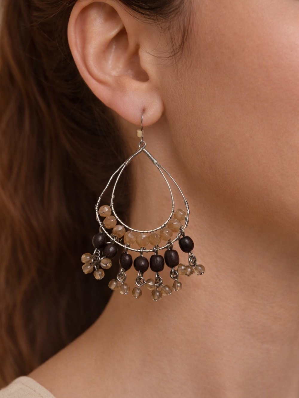 Beaded Teardrop Dangle Earrings in Brown and Champagne